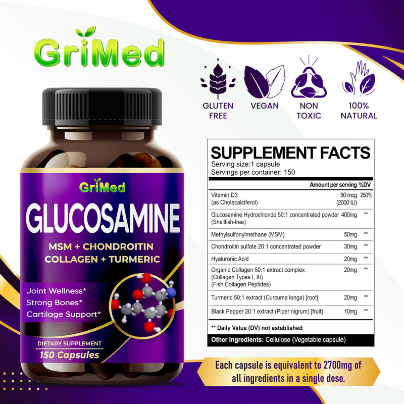 [Australia] - Glucosamine 12,000mg - X12 Power with MSM, Chondroitin, Collagen, Turmeric for Joint Wellness, Strong Bones, Cartilage Support - USA Made & Tested 150 Count (pack of 1) 