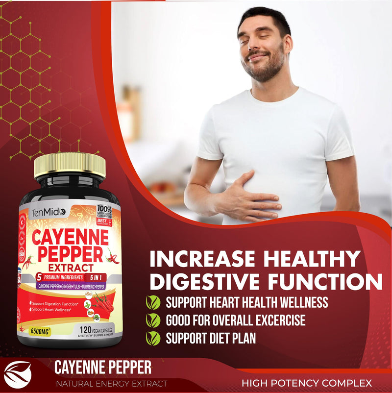 [Australia] - Cayenne Pepper Extract Capsules 6500mg, 4 Months Supply with Ginger, Turmeric Curcumin, Tulsi, Black Pepper - Supports Immune System, Promotes Digestive System Function - 120 Vegan Capsules 