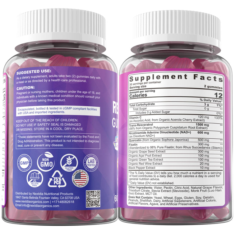 1500mg Resveratrol+NAD+ 600mg +Quercetin+Fisetin Gummies-Sugar Free,1 Pack | Resveratrol Supplement-NMN Synergy w/Grape Seed,Acai Berries Extracts for Antioxidant,Healthy Aging & longevity, Skin, Brain 60 Count (Pack of 1)