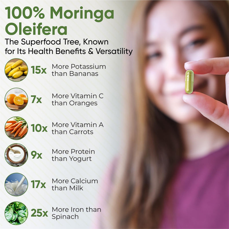 Moringa Capsules – 100% Pure Moringa Powder, Vegan Superfood Supplement for Energy, Immunity, Digestion & Vitality – Rich in Vitamins, Antioxidants & Minerals – Non-GMO, Gluten-Free – 100 Vegan Caps