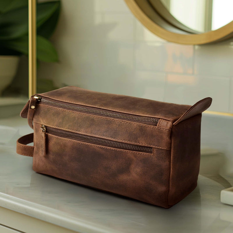 Full Grain Leather Toiletry Bag for Men & Women – Water-Resistant Travel Shaving Kit Organizer with YKK Zipper, Spacious Bathroom Grooming & Cosmetic Storage Case - Walnut Brown Distressed Brown