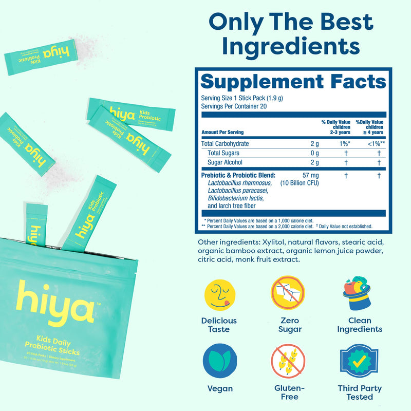 Hiya Kids Probiotic, Supports Gut Health, 20 Stick Pack for Toddlers & Kid | 10 Billion CFU with Clinically-Studied Strains for Ages 2+, Supports Gut Health & Immune, 0g Sugar, Third Party Tested