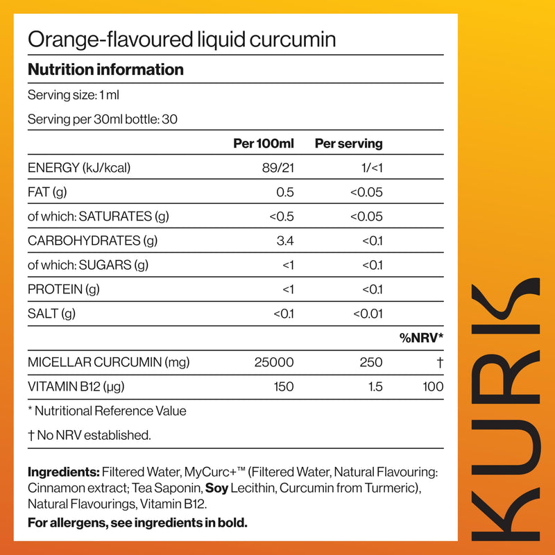 KURK Essential Liquid Turmeric Supplement, Turmeric Curcumin Drops, Oil for Advanced Everyday Wellness, Focus & Energy, 185x More Absorbable Than Powders, Plant-Based (Orange) (30ml) Orange 30 ml (Pack of 1)