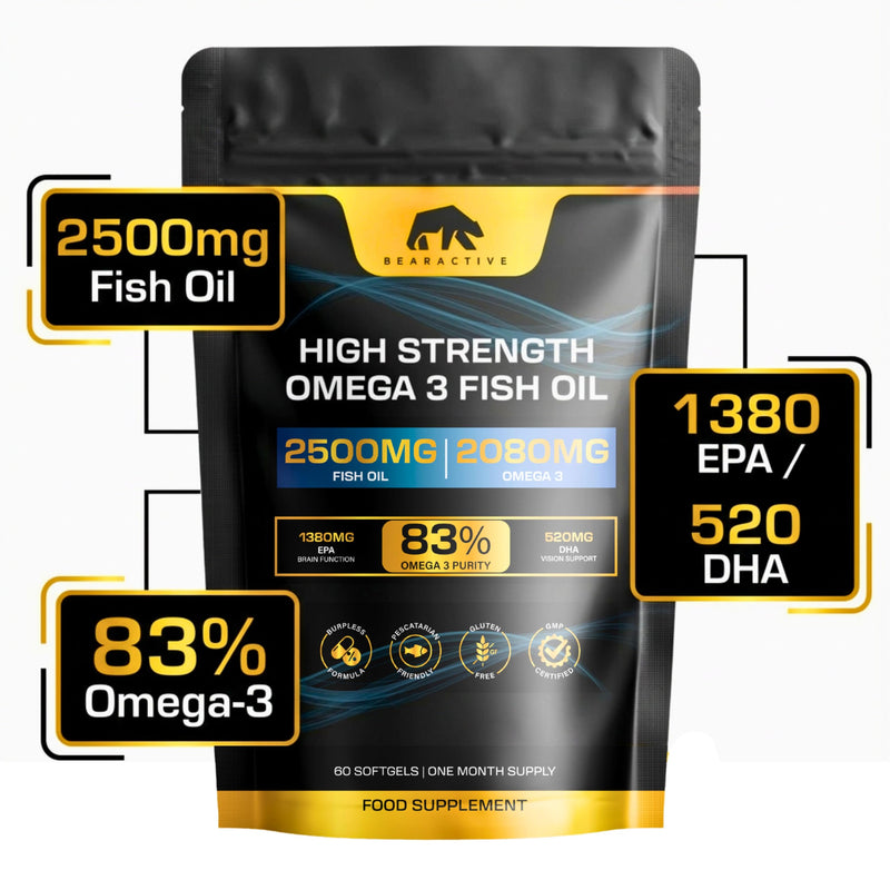 Omega 3 Capsules High Strength Fish Oil 2500mg – 2080mg – 83% Omega-3 (1380 EPA & 520 DHA) – Burpless Pescatarian Softgels for Heart, Brain, Eyes & Joints – 60 Softgels