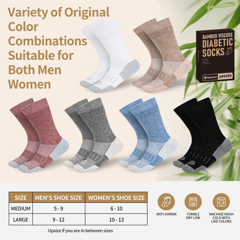 [Australia] - Diabetic Socks for Men,6 Pairs Non Binding Crew Diabetic Socks for Men Size 9-12 Deep Grey/Brown/White/Deep Blue/Black/Deep Brown Large 