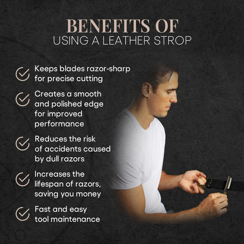 Shaving Leather Strop - Straight Razor Strop, Razor Strop With Elegant Black Leather, Riveted Brass Anchor Hooks, Blue Linen Stropping Belt For Cleaning, Knife Sharpening Strop, Keeps Your Blade Sharp
