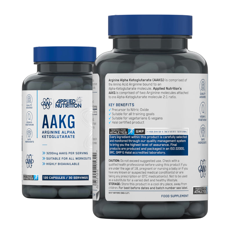Applied Nutrition AAKG - L Arginine Alpha Ketoglutarate 800mg per Capsule, Nitric Oxide, Pre Workout Energy Boost, Muscle Pump Supplement (120 Capsules - 30 Servings)