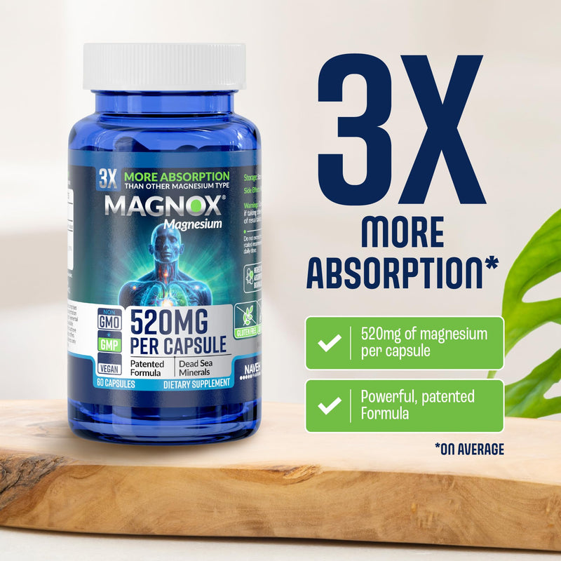 MAGNOX® 520 | Magnesium Supplement 520mg of High Absorption Magnesium for Men & Women with Dead Sea Minerals | 3X More Absorption | Patented Formula | Fast Sleep & Muscle Pain Relief (60 Vegan Caps) MAGNOX 520 1 count (Pack of 60)