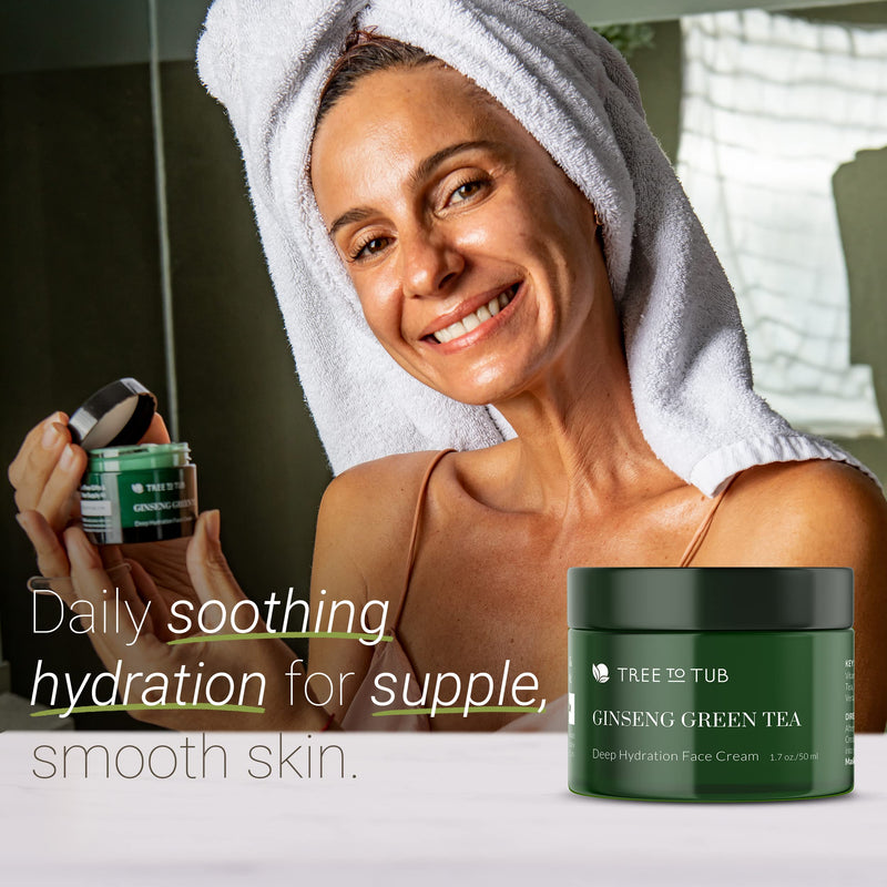 Tree To Tub Hydrating Face Moisturizer for Dry & Sensitive Skin - Water Based Hyaluronic Acid Facial Moisturizer, Vitamin C & E Face Cream for Women & Men w/Organic Aloe, Green Tea, Natural Ginseng Ginseng Green Tea 1.7 Ounce (Pack of 2)