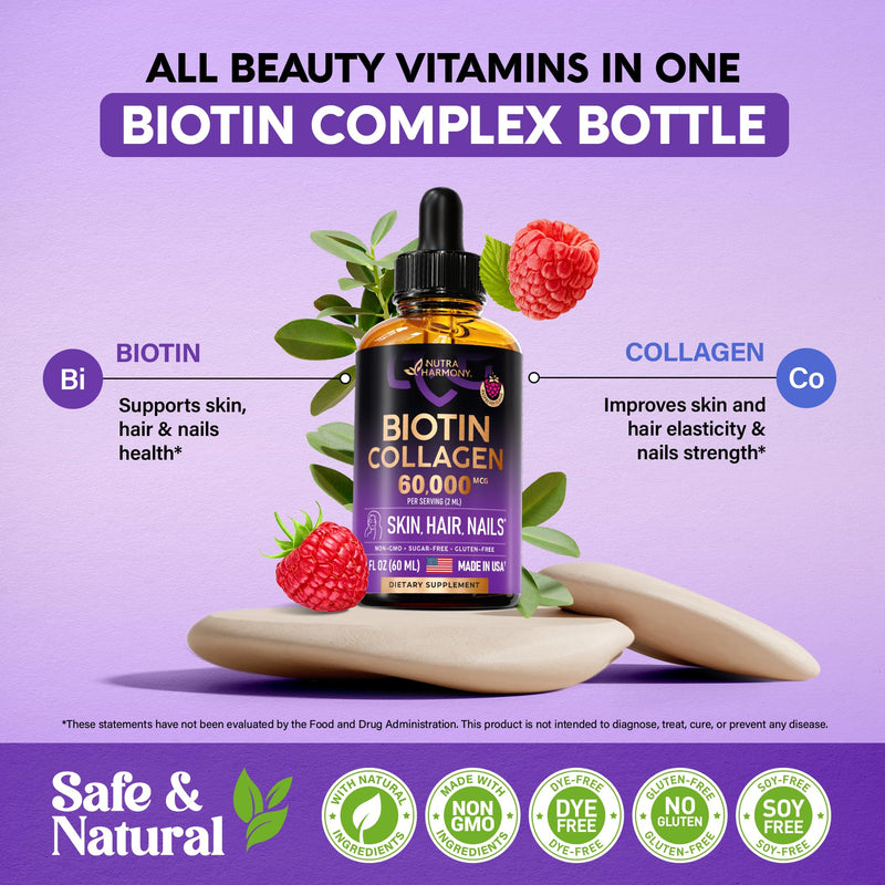 [Australia] - Liquid Biotin & Collagen - Vitamins for Hair Growth Support for Women & Men - Extra Strength 60000 mcg Drops - B7 Supplement - Strong Nails & Healthy Skin - 98% Faster Absorption Than Pills 2 Fl Oz (Pack of 1) 
