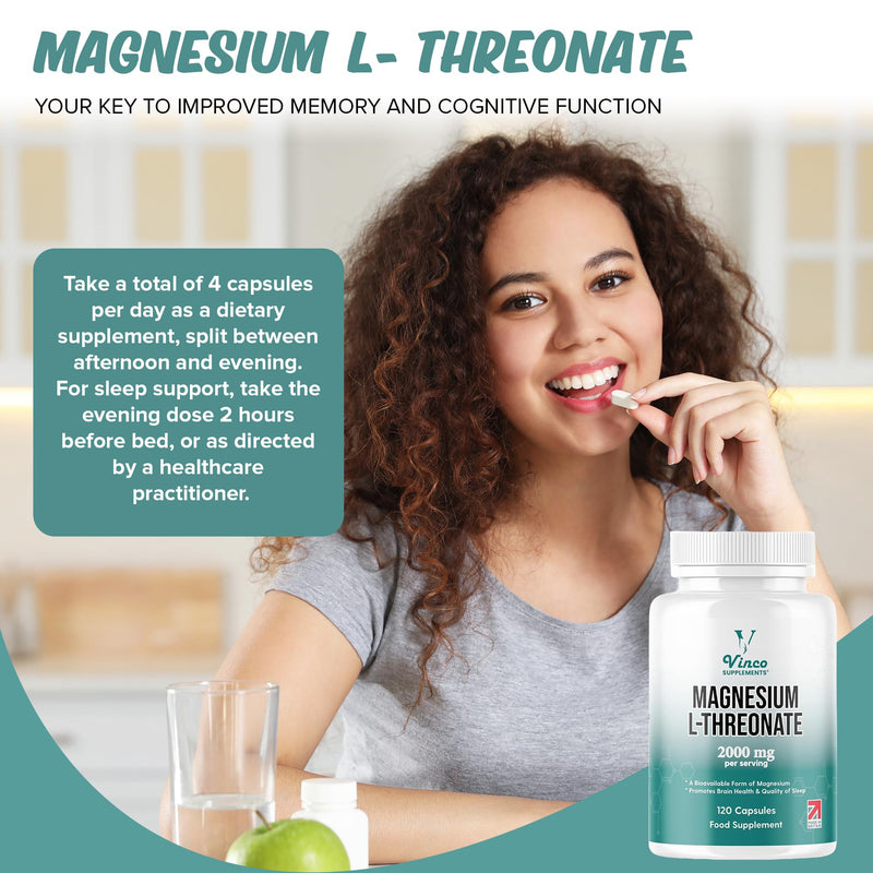 Vinco Magnesium L-Threonate Supplement - 120 High Strength Magnesium L Threonate Capsules - 2000mg Bioavailable Form of Magnesium per Serving - Non-GMO & Gluten Free - Made in The UK White