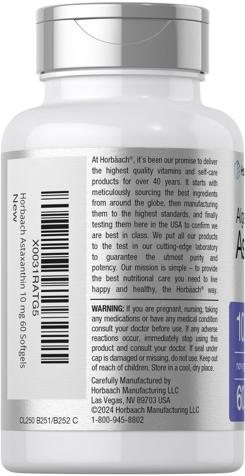 Horbäach Astaxanthin 10mg | 60 Softgels | Algae Derived Formula | Non-GMO, Gluten Free Supplement