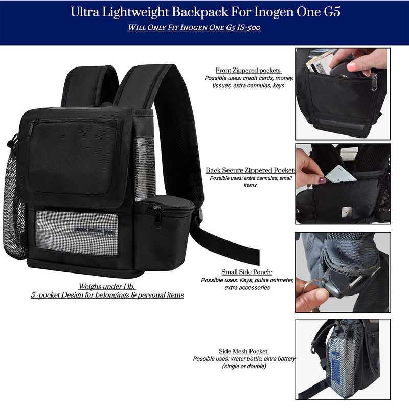 [Australia] - O2totes USA premium Lightweight Backpack Fit For Inogen One G5/Inogen Rove 6, Zippered Bottom, Pockets For Inogen Accessory Black 