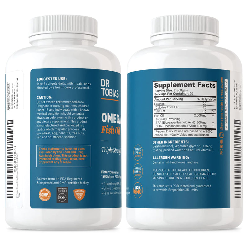 [Australia] - Dr. Tobias Omega 3 Fish Oil, 2000mg Triple Strength Omega 3 Supplement with 800mg EPA 600mg DHA Per Serving, Fish Oil Omega 3 Supplements for Heart, Brain & Immune Support, 180 Softgels, 90 Servings 180 Count (Pack of 1) 