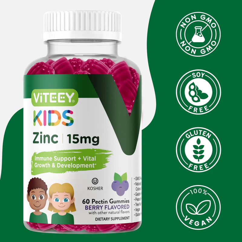 Viteey Zinc for Kids Gummies - 15mg - Tasty Chewable Berry Flavor Gummy | Immune Support - Powerful Natural Antioxidant, Kids Zinc Vitamin Supplement - Vegan, Gelatin Free, Gluten Free - 60 Count 60 Count (Pack of 1)