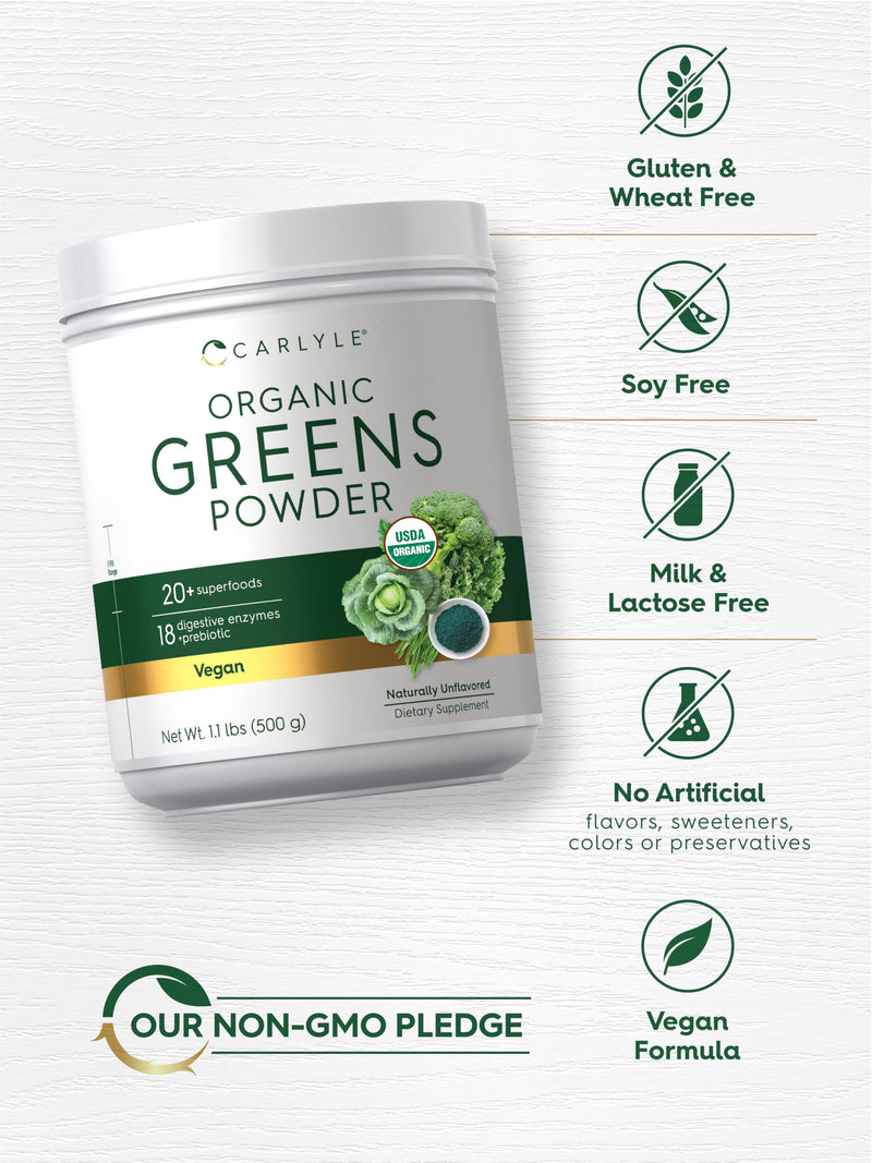Carlyle Organic Greens Powder | 17.6 oz Supplement | For Occasional Gas, Discomfort & Bloating | 20+ Superfoods, 18 Digestive Enzymes & Prebiotics | Vegan, Non-GMO & Gluten Free