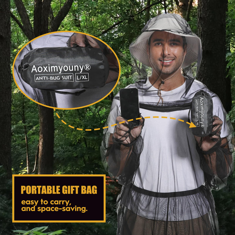 [Australia] - Premium 6-Piece Mosquito Suit-Jacket With Hood/Pants/Mitts/Gift Bag/Sun Hat/Tape Measure-Full Body Protection Bugs Clothes L/XL-With Sun Hat Black 