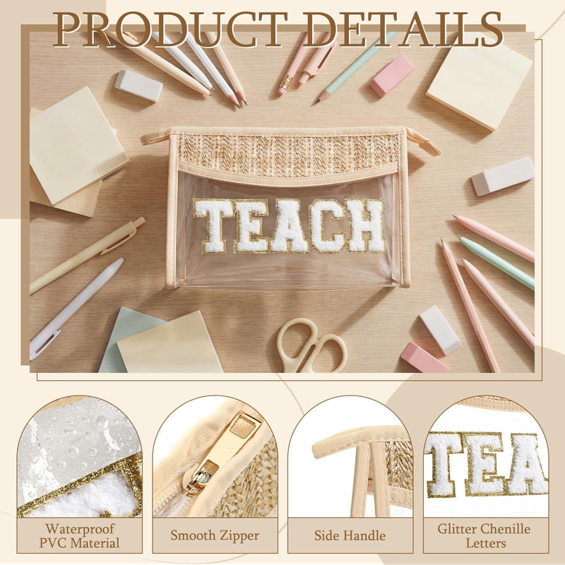Kajaia 6 Pcs Teach Cosmetic Bags Teacher Appreciation Gift for Woman Boho Straw Clear Makeup Bag with Zipper Woven Toiletry Pouch Chenille Letter Patch Makeup Bag for Retirement Birthday Teacher Gift