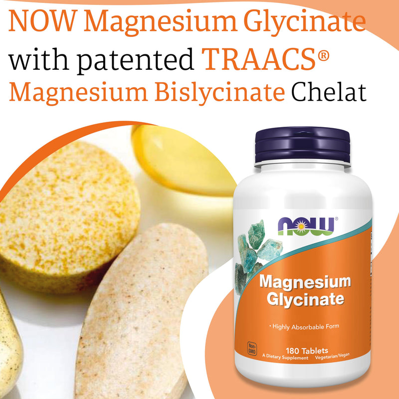 Now Foods, Magnesium Glycinate, 200mg Magnesium, 180 Vegan Tablets, Lab-Tested, Vegetarian, Gluten Free, Soy Free, Non-GMO 180 count (Pack of 1)
