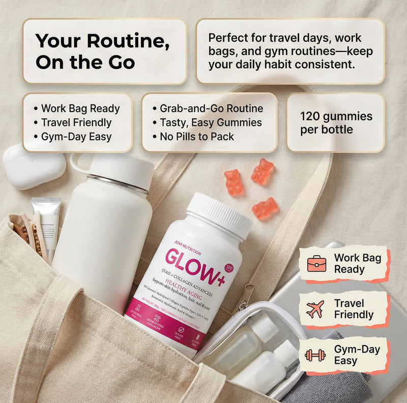 Jovi Glow+ NAD+ & Collagen Gummies, Multi-Type Hydrolyzed Collagen Peptides with Resveratrol, Hyaluronic Acid, Vitamin C & E for Skin, Hair & Nail, 120 Count