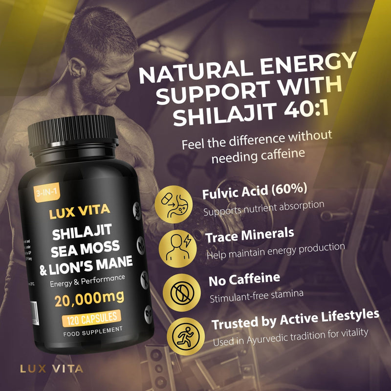 Shilajit with Sea Moss & Lion’s Mane Capsules – 3-in-1 | 4 Month Supply | Herbal Energy, Brain Focus, Daily Mineral & Vitality Supplement – Vegan High Strength Formula | Lux Vita