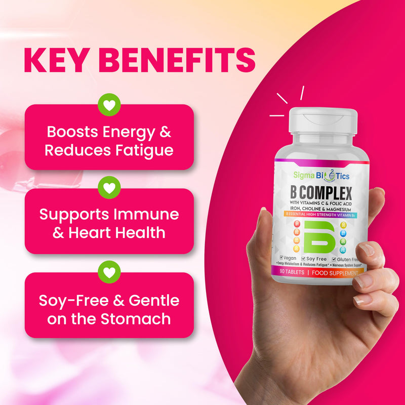 8 B Complex Vitamins, B12, Vitamin C - Folic Acid, Biotin, Choline, Magnesium, B1, B2, B3, B5, B6 Vitamins - Vegan & Gluten Free - 90 Tablets - One Per Day - 3 Months Supply