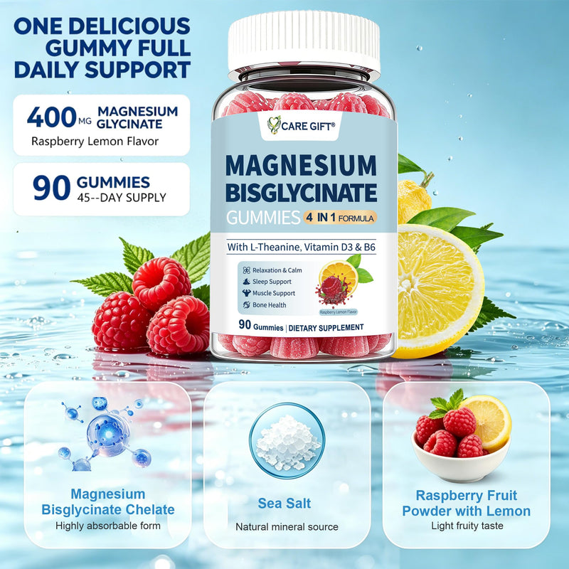 Magnesium Bisglycinate Gummies 400mg Chelated Magnesium, with Vitamin D3, Vitamin B6 & L-Theanine, Supports Sleep, Relaxation, Muscle Function and Bone Health, 90 Gummies, Lemon Raspberry Flavour