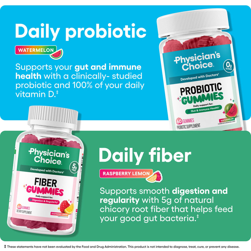 Physician's CHOICE Gut Gummy Bundle: Probiotic Gummies + Fiber Gummies - No Sugar Added & Vegan - Supports Digestive Health & Regularity for Women and Men