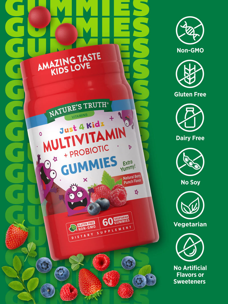 [Australia] - Nature's Truth Kids Multivitamin Gummies with Probiotics | 60 count | Vegetarian, Non-GMO, Gluten Free Supplement | Vitamin C, D3 & Zinc | Berry Punch Flavor 