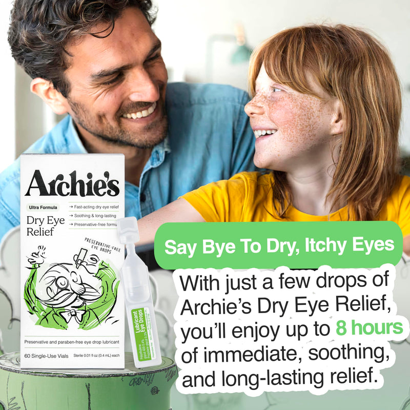 Archie's Remedies, Dry Eye Relief, Ultra Lubricating Eye Drops, Clean Formula and Preservative-Free Vials, Single-Use, for Irritation and Red Eyes, Natural Tears, 30 Count 30 Count (Pack of 1)