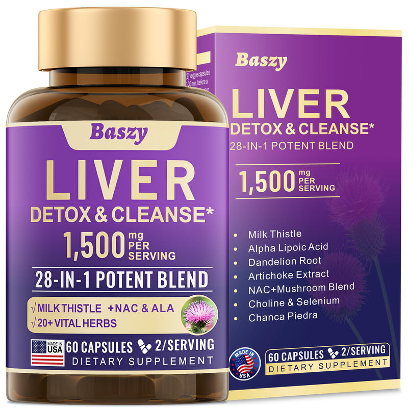 [Australia] - 28-in-1 Liver Cleanse Detox & Repair - 1500mg Liver Health Support with Milk Thistle, Dandelion Root, Artichoke Extract, and 20+ Herbal Liver Support Supplements - Made in USA - 60 Capsules 