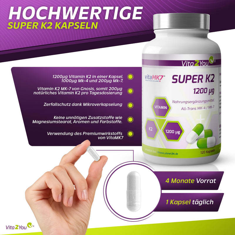 [Australia] - Vita2You Super K2-1200µg Vitamin K2 - Original vitaMK7® - (Natural MK-7) with MK-4 >99% All Trans - 120 capsules - High dosage - Premium quality 