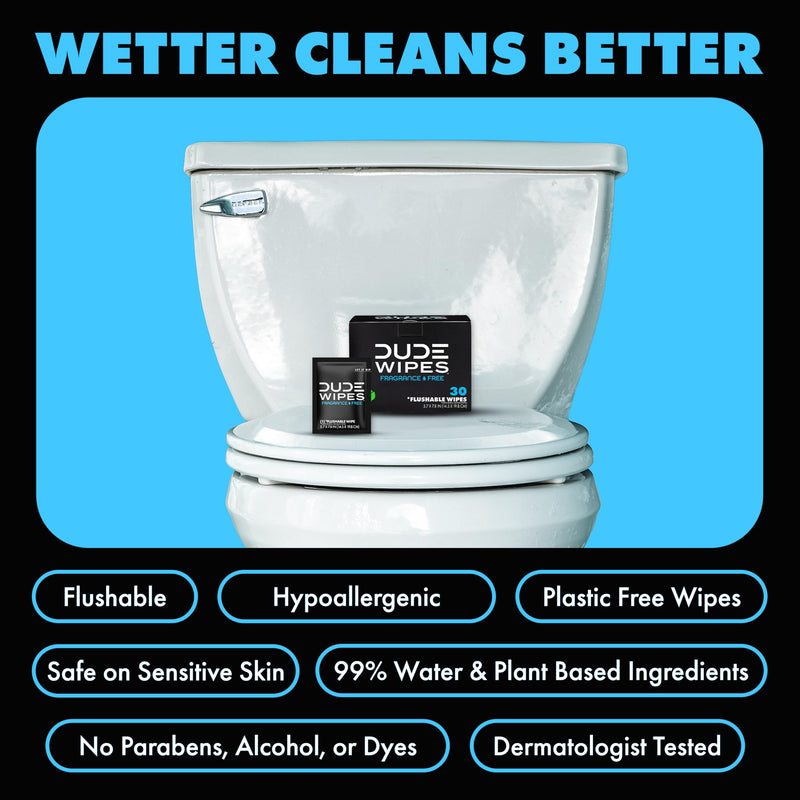 DUDE Wipes On-The-Go Unscented Adult Flushable Travel Wipes, 60 Count | 60 individually wrapped flushable butt wipes. Travel essentials. Hypoallergenic, 99% water, vitamin E and aloe. Septic safe. Fragrance Free 30 Count (Pack of 2)