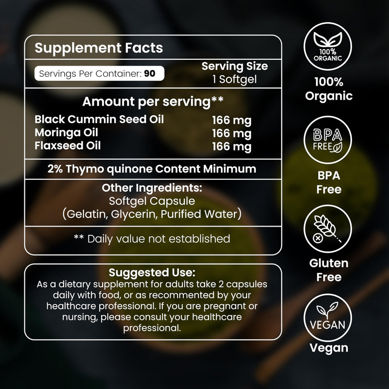 [Australia] - Black Seed, Moringa and Flaxseed Oil Softgels Capsules - 90 Count - blended with other herbal products-Supports overall health wellness and immunity. Black-Seed-Moringa-Flaxseed 