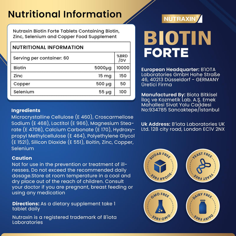 Nutraxin Biotin Forte for Stronger Hair, Radiant Skin & Nail Growth - 60 Tablets with Biotin 5000mcg Selenium, Zinc and Copper - Sugar & Gluten-Free - Suitable for Vegans, 2 Months Supply 60 count (Pack of 1)