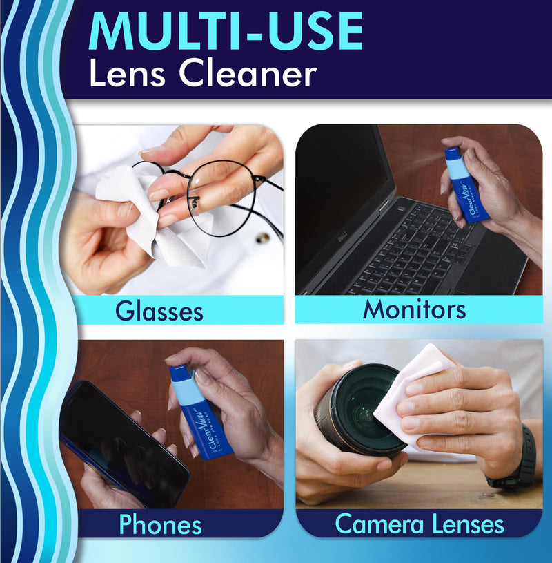 [Australia] - Clear View Lens Cleaner Kit - Travel Size, Integrated Cloth and Cleaner Combination Kit. Compact and Portable, Refillable, Safe for All Lenses, Lens Cleaner Spray + Microfiber Cloth 4 
