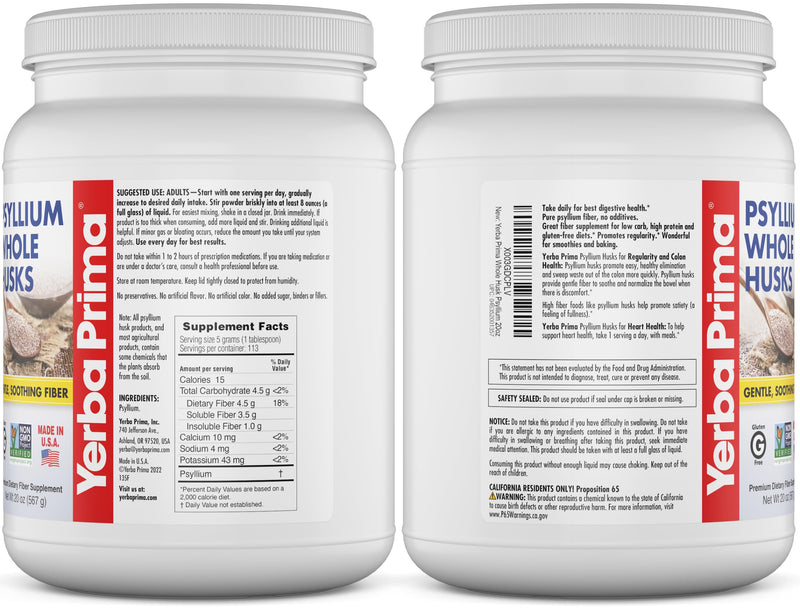 [Australia] - Yerba Prima Psyllium Whole Husks Fiber Supplement - Colon Cleanse - Gut Health - Vegan Non-GMO Gluten Free - 20oz 