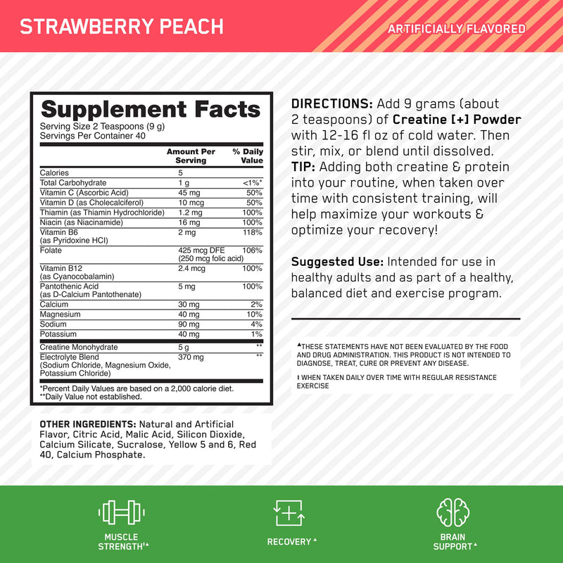 [Australia] - Optimum Nutrition Creatine Monohydrate Plus Powder, Strawberry Peach Flavored Creatine Performance Blend, with Electrolytes for Hydration, Added Vitamins, 40 Servings, 360 Grams (Packaging May Vary) 360 Gram (Pack of 1) 