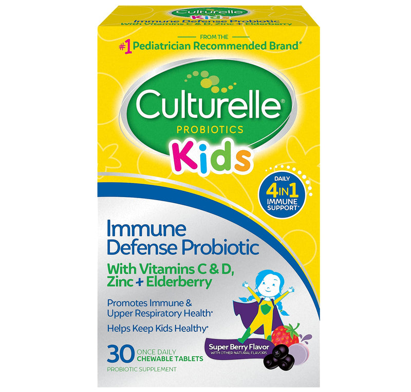 Culturelle Immune Defense Probiotic with Vitamin C, Vitamin D and Zinc + Elderberry, Non-GMO, 4-in-1 Immune Support for Kids Ages 3+*, Mixed Berry Chewables, 30 Count 30 Count (Pack of 1) Kids Immune Defense Probiotic