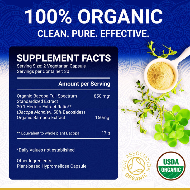 Organic Bacopa Monnieri Capsules | Organic Brahmi Capsules with 20:1 Extract | Natural Brahmi Powder Alternative | High Strength 50% Bacosides | Ayurvedic Supplement | 60 Vegan Powder Caps 60 count (Pack of 1)