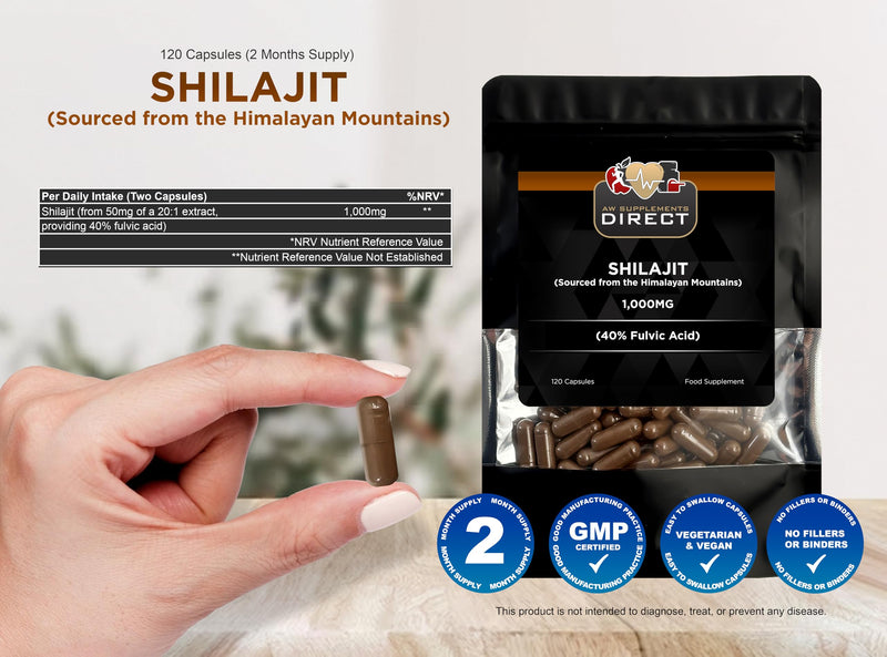 AW Shilajit Capsules | 120 High Strength Himalayan Shilajit Extract Supplements - 1000mg per Serving | Non-GMO & Gluten Free | Made in The UK