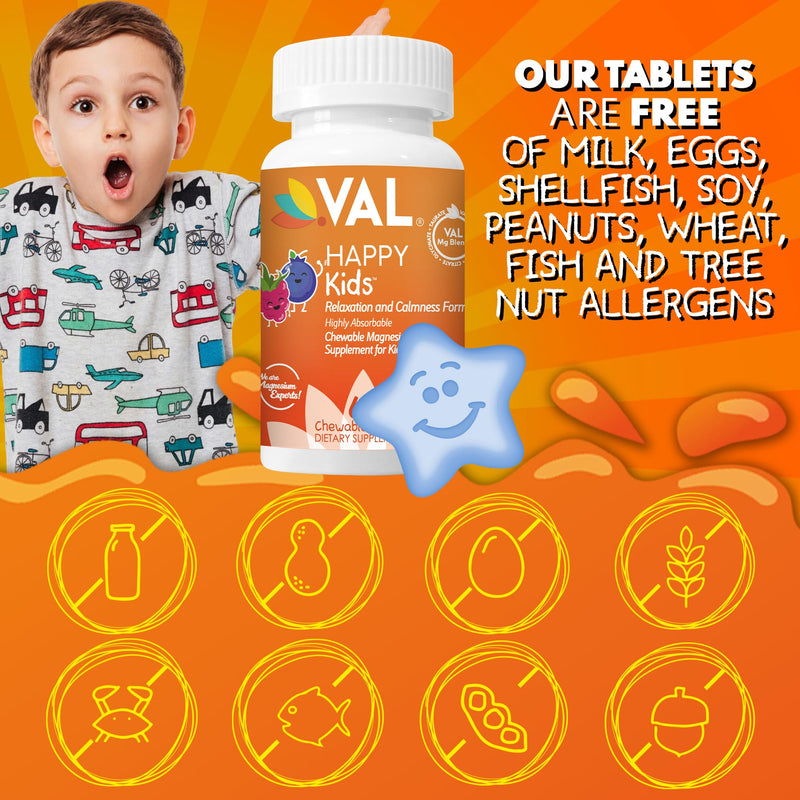 VAL Magnesium for Kids | High-Absorption Magnesium for Calm, Relaxation & Focus | Mg Glycinate, Citrate & Taurate | with Vitamin B6, D & C | Sugar-Free, Non-GMO | 60 Chewable Tablets Blueberry 60 Count (Pack of 1)