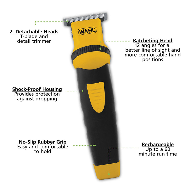 [Australia] - Wahl Lifeproof Rechargeable Trimmer No.09953-1601 for Beards/Mustache/Goatee with Self Sharpening Blades, 1.05 Pound Black 19 Piece Set 