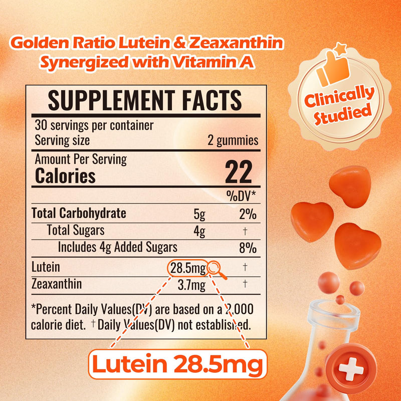 Lutein Gummies (60 Gums). Gummies for Eyes with Lutein (28.5 mg), Zeaxanthin and Vitamin A (30 Day Pack), Orange Flavor, Vegan, Non-GMO, Gluten-Free, Supports Eye Health