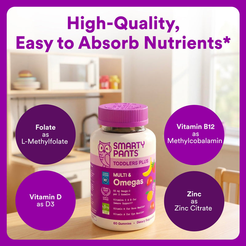 SmartyPants Toddler Multivitamin Gummies, Omega 3 (DHA/EPA), Vitamins D3, C, Vitamin B12, B6, A, K & Zinc, Biotin, Gluten Free, Three Fruit Flavors, 60 Count (30 Day Supply) 60 Count (Pack of 1) Multi + Omega - 30 Day Supply
