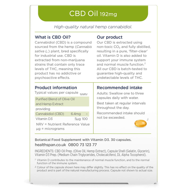 Healthspan CBD Oil Capsules 192mg | 6.4 mg Pure CBD Oil Capsules | 192 mg CBD per Pack | Enriched with Vitamin D | Supports Your Muscles