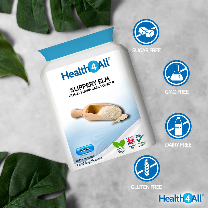 Health4All Slippery Elm 300mg 180 Capsules, Digestive Health & Acid Reflux Support. Vegan Digestive Support Supplement, Ulmus Rubra Inner Bark Powder, Stomach Soothe, Gluten Free | Made in UK 180 count (Pack of 1)
