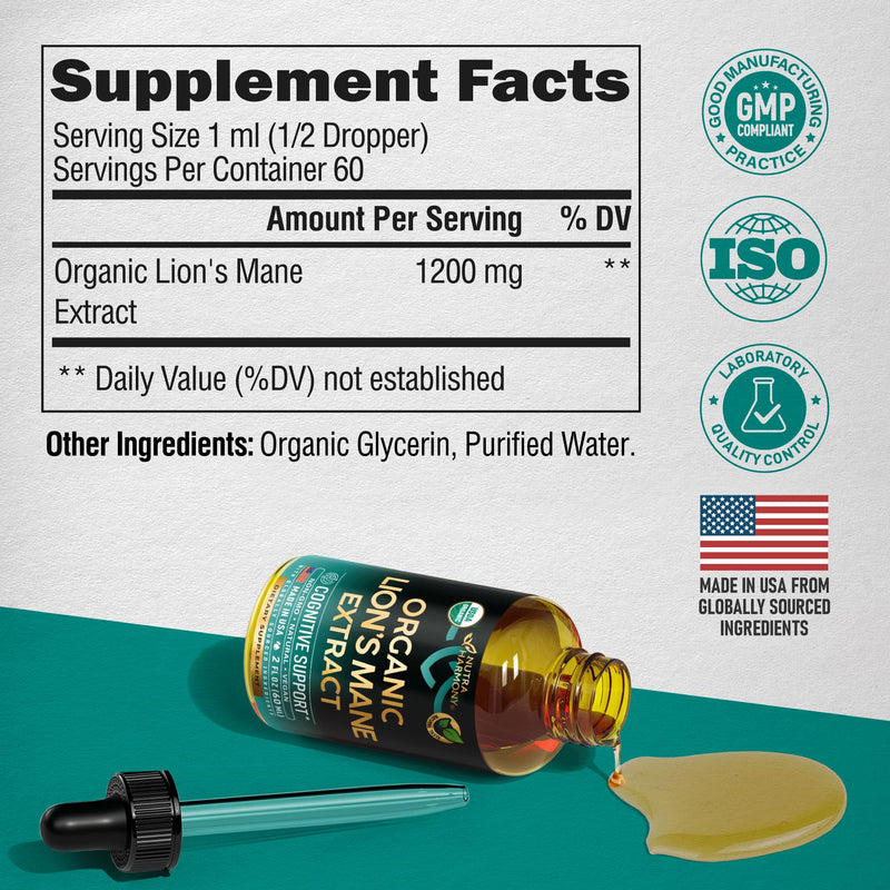 [Australia] - Lions Mane Liquid - USDA Certified Organic Lions Mane Supplement - Brain Support, Energy, Memory & Focus - Sugar & Alcohol-Free Lion's Mane Mushroom Extract 72,000 mg / Bottle, 2 Fl OZ, 2 Month Supply 2 Fl Oz (Pack of 1) 