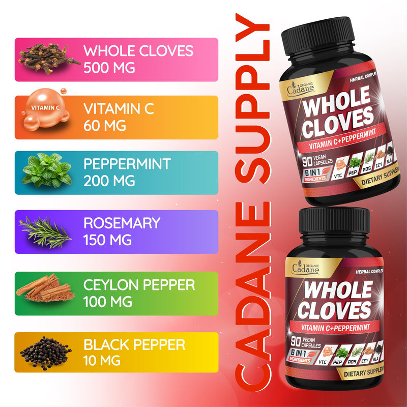 Cadane 6in1 Whole Cloves Herbal Supplement | Syzygium Aromaticum, Cinnamon, Peppermint, Rosemary, Black Pepper & Vitamin C | Non-GMO, Vegan – 90 Capsules – 45-Day Supply