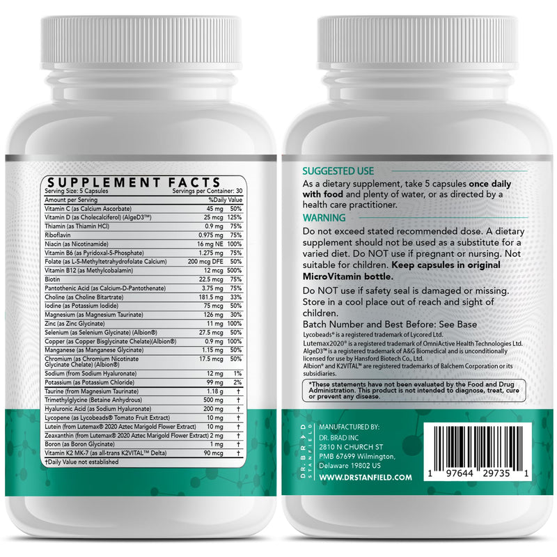 Dr Brad MicroVitamin | Methylated Multivitamin + Lutein/Zeaxanthin + D3/K2 | B-Complex (P5P, Methylfolate, Methyl-B12) + Chelated Trace Minerals + Magnesium Taurate + TMG + Hyaluronic Acid + Lycopene